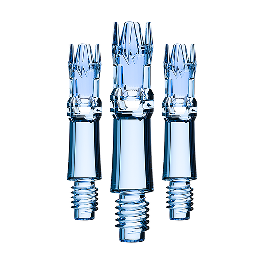 L-Style L-System Replacement Shafts - Clear Blue Ein Set an blauen transparenten Ersatzshafts ist zu sehen. Die Shafts sind sortiert dargestellt.