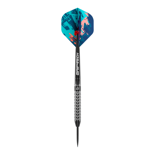 GOAT Traction Tungsten Steel Darts Das Bild zeigt einen GOAT Traction Tungsten Steeldart mit einem auffälligen, bunten Flight-Design. Der Dartpfeil hat einen silbernen Schaft mit feinen Gravuren und die Aufschrift "GRIPTECH".