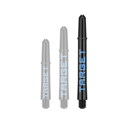 Target Pro Grip TAG Shafts - 3 Sets - Black Blue Auf dem Bild sind drei schwarze Dart-Schäfte in verschiedenen Längen zu sehen. Auf jedem Schaft steht das Wort "TARGET" in blauer Schrift.