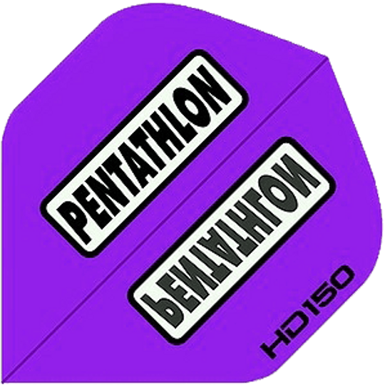 HD20_Pentathlon_HD150_Standard_Flights_Lila_1 Das Bild zeigt ein lilafarbenes Dart-Flight mit der Aufschrift „PENTATHLON“. In der Ecke steht außerdem „HD 150“.