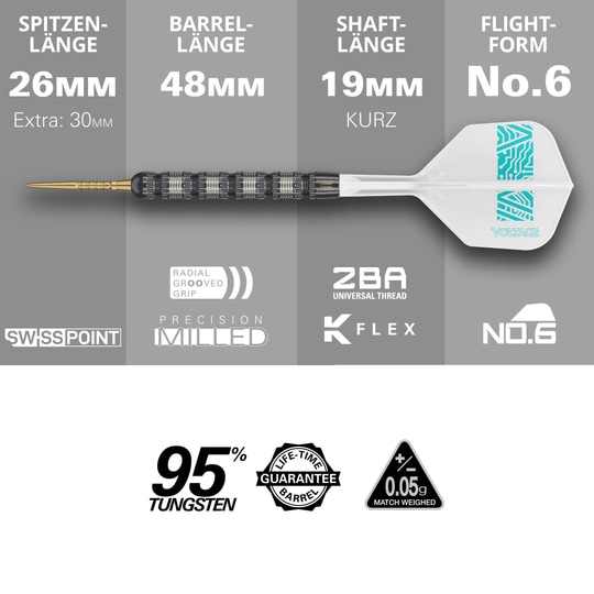 Dieses Bild zeigt den Target Rob Cross 95K Swiss Point Steeldart mit technischen Details zu Spitze, Barrel, Schaft und Flight. Der Dart besteht zu 95% aus Wolfram und hat eine lebenslange Garantie auf das Barrel.