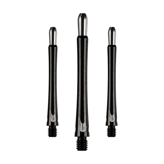 146210_Target_Grip_Style_Aluminium_Shafts_Schwarz_485mm_1 Auf dem Bild sind drei schwarze Aluminium-Dartschäfte in unterschiedlicher Länge zu sehen. Sie haben ein silbernes Oberteil und ein Gewinde am unteren Ende.