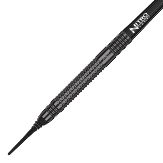 Red Dragon T-800 soft darts - 20g Das Bild zeigt einen Red Dragon T-800 Softdart mit einem Gewicht von 20 Gramm. Der Dart ist schwarz und hat eine strukturierte Griffzone für besseren Halt.