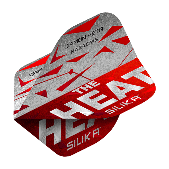 Harrow's Silika Damon Heta Series 3 Flights Das Bild zeigt die Harrows Silika Damon Heta Series 3 Flights. Die Flights sind überwiegend in Rot, Grau und Weiß gestaltet und tragen den Schriftzug "THE HEAT" sowie den Namen "DAMON HETA".
