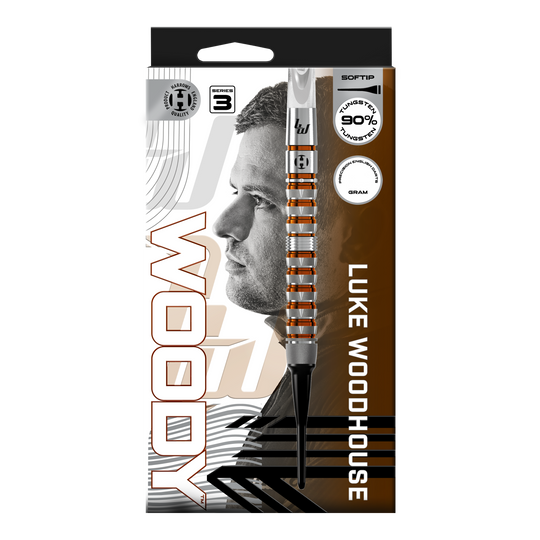 Hier ist das Produkt Harrows Luke Woodhouse Series 3 Softdarts - 18g zu sehen. Das Foto stellt die Softdarts in der 18-Gramm-Ausführung dar.