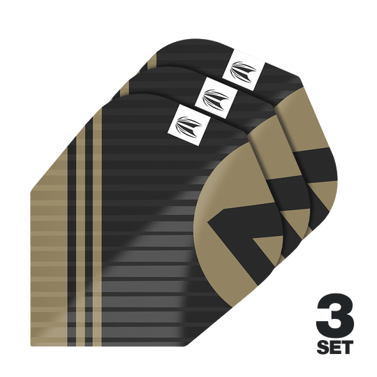 Das Bild zeigt die "Target Pro Ultra Chicane Black No6 Flights" in einem schwarz-goldenen Design. Es sind insgesamt 3 Sets der Flights abgebildet.