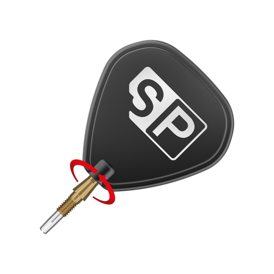 Target Swiss Storm Quartz Dart Tips - Gold Das Bild zeigt eine schwarze Dartspitze mit der Aufschrift "SP" auf einem Flight. Ein roter Pfeil markiert eine Drehbewegung an der Verbindung zwischen Spitze und Flight.