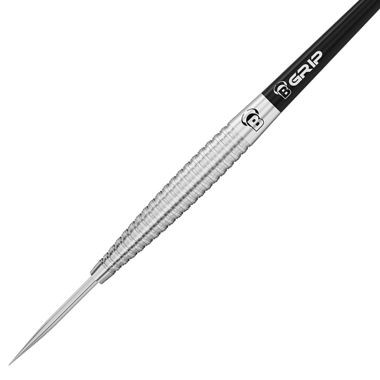 13242_Bulls_Dot_D6_Steeldarts_2 Das Bild zeigt einen silbernen Steeldartpfeil mit geriffeltem Griff. Am oberen Teil des Schafts steht „B GRIP“.