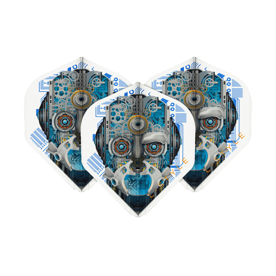 L-Style Berry Van Peer V3 Clear White L1EZ Flights Das Bild zeigt drei Dartflights mit einem futuristischen Roboter-Design in Blau- und Grautönen. Die Flights sind von der Marke L-Style und heißen "Berry Van Peer V3 Clear White L1EZ".