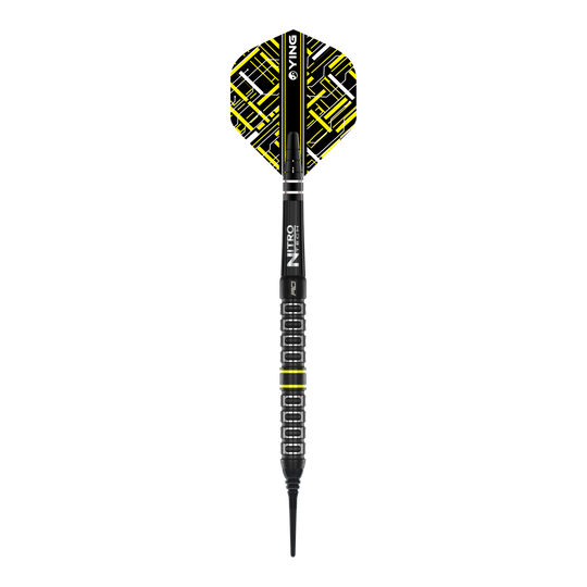 Red Dragon Astraeus Q4X Parallel Softdarts - 20g Das Bild zeigt einen Red Dragon Astraeus Q4X Parallel Softdart mit einem Gewicht von 20g. Der Dart hat schwarze und gelbe Designelemente und eine strukturierte Griffzone.