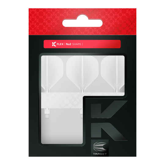 Target K-Flex No2 Standard Flight System - White Das Bild zeigt eine Packung mit drei weißen Dart Flights der Marke Target. Die Verpackung ist schwarz mit einem roten oberen Teil und dem Aufdruck "K FLEX | No2 SHAPE".