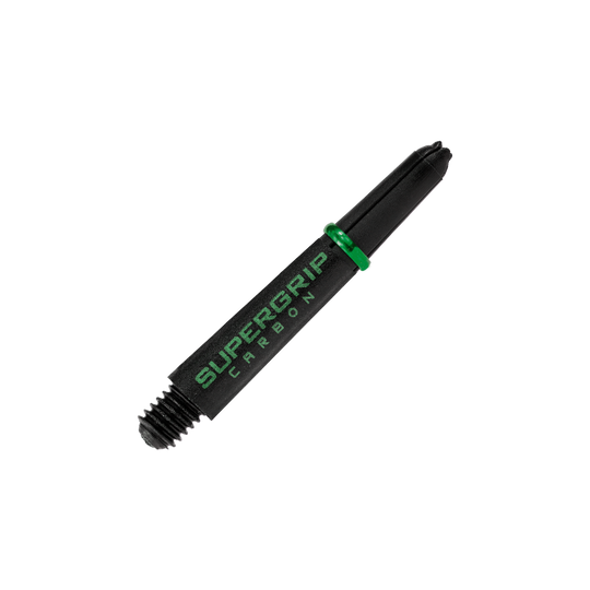 Das Bild zeigt einen Harrows Supergrip Carbon Shaft in Grün. Der Schaft ist schwarz mit grüner Aufschrift und grünen Akzenten.