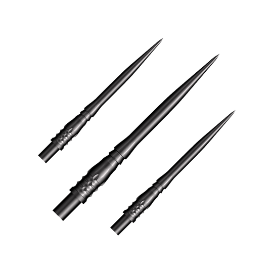 Shot Cone Rocket Steel Dart Tips - Black - 35mm Das Bild zeigt drei schwarze Steeldart-Spitzen des Modells "Shot Cone Rocket" mit einer Länge von 35 mm. Die Spitzen sind schlank, spitz zulaufend und haben ein filigranes Design.