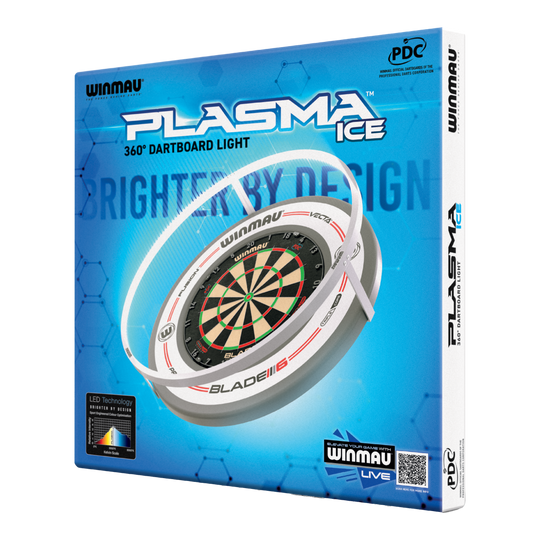 Die Abbildung zeigt die Verpackung des "Winmau Plasma Ice LED Dartboard Light". Das Produkt bietet eine 360° Beleuchtung für Dartboards.