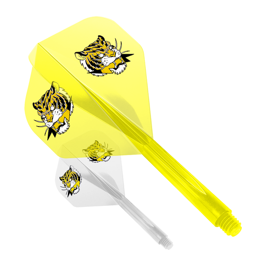 Condor AX Inazuma Tiger Mix Flight System Yellow Clear - Standard Das Bild zeigt zwei Dart-Flights des Modells "Condor AXE Inazuma Tiger Mix Flight-System" in Gelb und Transparent. Beide Flights sind mit einem Tigerkopf-Motiv bedruckt.
