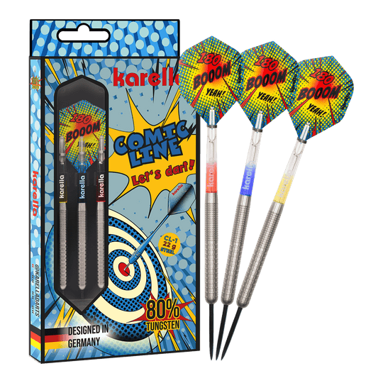 Karella Comic Line CL-1 steel darts - 22g Das Bild zeigt den Karella Comic Line CL-1 Steeldarts - 22g. Es veranschaulicht die vollständige Ansicht des Steeldartpfeils.