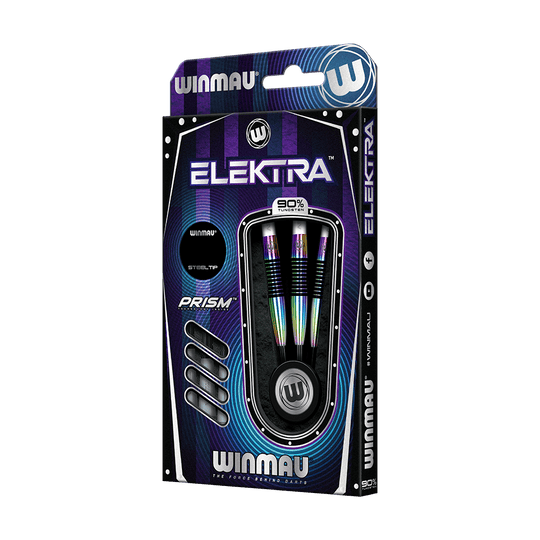 1451_Winmau_Elektra_Steeldarts_3 Das Bild zeigt die Verpackung der "Winmau Elektra Steeldarts". Drei bunte Steeldarts mit 90% Tungsten sind in der Schachtel sichtbar.