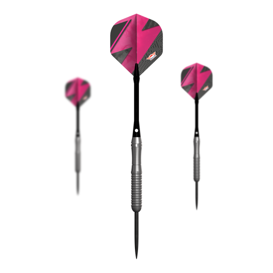 Bulls NL Lightning Pink steel darts Das Bild zeigt drei Steeldarts mit silbernem Griff und pink-schwarzen Flights. Es handelt sich um das Produkt "Bulls NL Lightning Pink Steeldarts".