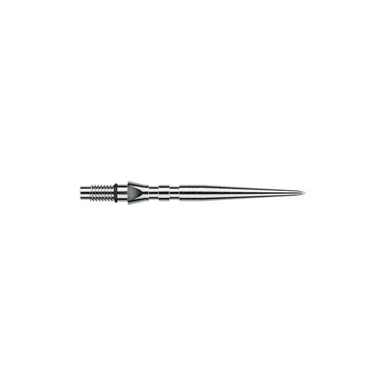 Das Bild zeigt silberfarbene Steeldartspitzen mit Rillen, vermutlich 'Switch Point Groove Silver Effect' und 26mm lang. Die Spitzen sind für Steeldarts vorgesehen.