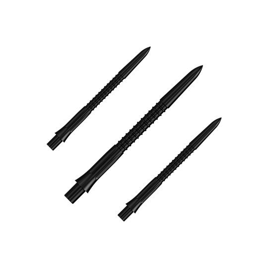 Das Bild zeigt eine schwarze Steeldartspitze. Sie gehört zum Set Mission Caliburn EVO GV1 in 32mm Länge.