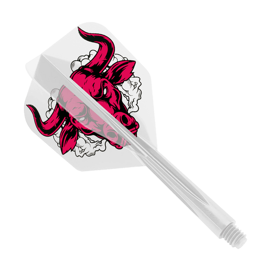 Condor Ax Aussie Bull Clear Flight System Small Das Bild zeigt einen klaren Dart-Flight mit einem roten Stierkopf-Design. Es handelt sich um das Produkt „Condor Axe Aussie Bull Clear Flight-System Small“.