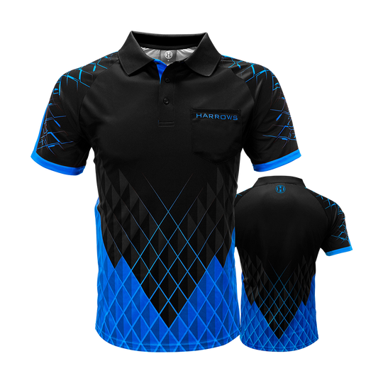 Das Bild zeigt das Harrows Paragon Dartshirt in Blau. Das Shirt hat ein modernes, schwarzes Design mit blauen Rautenmuster und blauen Akzenten an Kragen und Ärmeln.