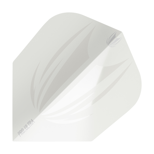 Das Bild zeigt ein weißes Dartflight mit einem dezenten, grauen Muster. In einer Ecke steht der Schriftzug "PRO.ULTRA".