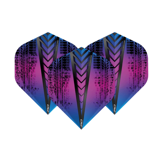 Das Bild zeigt drei Dartflights des Produkts "Red Dragon Hardcore Standard Flights 6334". Die Flights haben ein auffälliges Design in Blau, Lila und Schwarz mit grafischen Mustern.