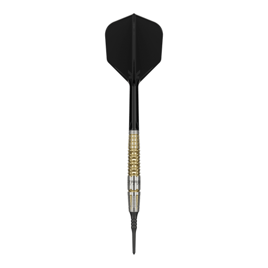 Das Bild zeigt einen Target Japan Black Marque Warrior Softdart mit einem Gewicht von 18,5g. Der Dart hat eine schwarze Spitze und Flügel sowie einen gold-silbernen Griffbereich.
