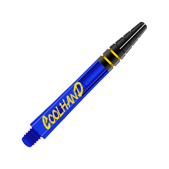 Red Dragon Nitrotech Luke Humphries Coolhand Shafts - Blue Dies ist ein blauer Dart-Schaft mit der gelben Aufschrift "COOLHAND". Am oberen Ende befinden sich zwei schwarze Ringe mit goldenen Akzenten.