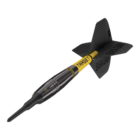 Target Scott Williams Shaggy Black Soft Darts - 20g Das Bild zeigt einen schwarzen Softdart mit gelbem Schriftzug „TARGET“ und der Aufschrift „SHAGGY“ auf der Flight. Es handelt sich um das Produkt „Target Scott Williams Shaggy Black Softdarts – 20g“.