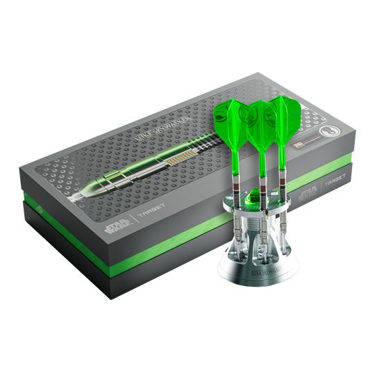 Auf dem Bild befinden sich die Target Star Wars Luke Skywalker The Jedi Knight Light Saber Limited Edition Steeldarts - 24g. Diese limitierte Edition ist für Fans von Star Wars und Dartspieler geeignet.