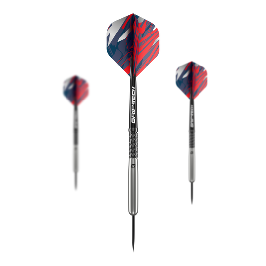 GOAT Homerun Baseball Tungsten Steel Darts Das Bild zeigt drei GOAT Homerun Baseball Tungsten Steeldarts mit silbernem Schaft und bunten, rot-blauen Flights. Die Darts sind modern gestaltet und heben sich durch das auffällige Design ab.