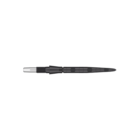 Target Swiss Storm Onyx Point Dart Tips - Black Das Bild zeigt eine schwarze Dartspitze mit einem modernen, strukturierten Design. Sie ist schmal und hat feine Rillen sowie ein sechseckiges Muster auf dem Schaft.