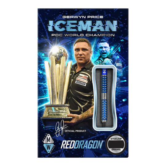Das Bild zeigt die Verpackung der "Red Dragon Gerwyn Price Glacier Steeldarts". Auf der Verpackung sind Gerwyn Price, ein großer Pokal und ein Steeldart abgebildet.