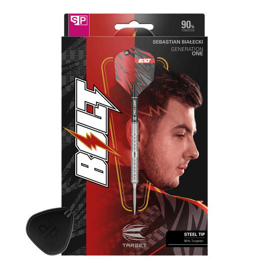 Target Sebastian Bialecki GEN1 Swiss Point Steeldarts - 22g Das Bild zeigt die Verpackung der "Target Sebastian Bialecki GEN1 Swiss Point Steeldarts - 22g". Auf der Verpackung ist ein Dartpfeil sowie das Porträt eines Mannes zu sehen.