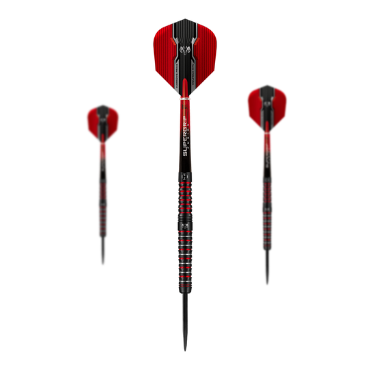 Harrows Tungsten Infinity 97% Tungsten Steel Darts Das Bild zeigt drei Harrows Wolfram Infinity 97% Tungsten Steeldarts mit roten und schwarzen Details. Die Darts haben einen metallisch gestreiften Griff und rote Flights.