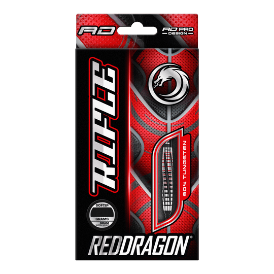 Red Dragon Rifle Soft Darts - 20g Die Abbildung zeigt die Verpackung der "Red Dragon Rifle Softdarts - 20g". Das Design ist auffällig in Rot und Schwarz gehalten und zeigt eine Abbildung eines Dartpfeils.