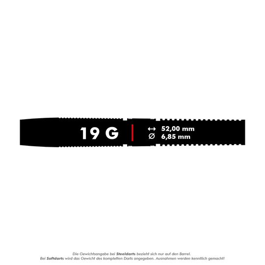 210322_Target_Gabriel_Clemens_Black_Edition_Softdarts_5_19g Das Bild zeigt die technischen Daten des Produkts "Target Gabriel Clemens Black Edition Softdarts - 19g". Der Dart wiegt 19 Gramm, ist 52,00 mm lang und hat einen Durchmesser von 6,85 mm.