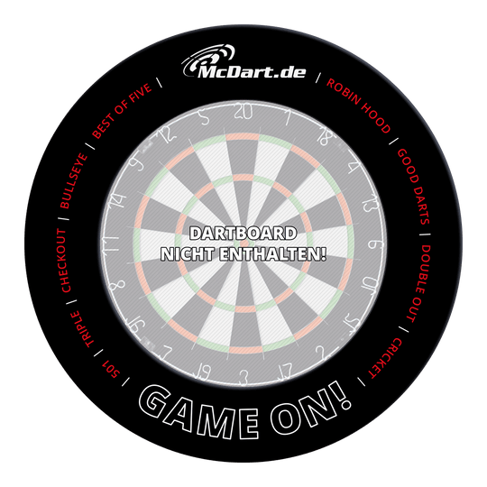 McDart Game On Dartboard Surround Ein Dartboard-Surround ist auf dem Bild zu sehen. Es bietet Schutz für die Wand beim Dartspielen.