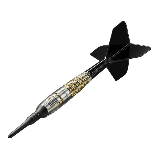 Target Japan Black Marque Warrior Soft Darts - 18.5g Dies ist der Target Japan Black Marque Warrior Softdart mit einem Gewicht von 18,5 Gramm. Er besitzt ein elegantes Design mit goldenen und silbernen Akzenten sowie schwarzen Flights.