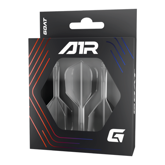 GOAT A1R No6 Flight Shaft System - Clear Die Abbildung zeigt das Produkt "GOAT A1R No6 Flight-Shaft-System - Clear" in einer schwarzen Verpackung mit Sichtfenster. In der Packung sind drei klare Flight-Shaft-Systeme für Dartpfeile zu sehen.