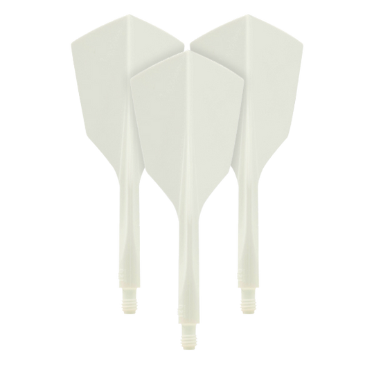 Condor Ax 120 Flight System White - Narrow Auf dem Bild sind drei weiße Dartflights aus dem Set "Condor Axe 120 Flight-System White - Narrow" zu sehen. Die Flights haben eine schmale Form und sind miteinander verbunden.