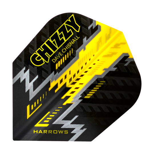 Das Bild zeigt ein Dartflight mit dem Namen "Harrows Dave Chisnall Prime Schwarz Gelb No6". Das Design ist überwiegend schwarz mit gelben und silbernen grafischen Elementen und der Aufschrift "CHIZZY" und "HARROWS".