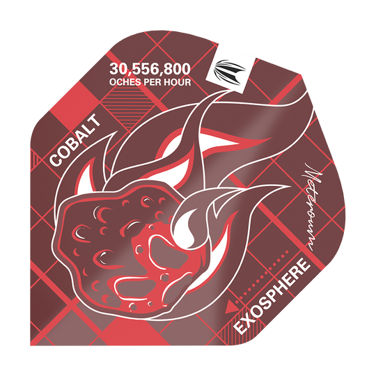 TG24_336090_Target_Blueprint_Pro_Red_No2_Standard_Flights_1 Das Bild zeigt ein rotes Dart-Flight mit einer brennenden Meteor-Grafik. Auf dem Flight stehen die Wörter "COBALT", "EXOSPHERE" sowie "30,556,800 OCHES PER HOUR".