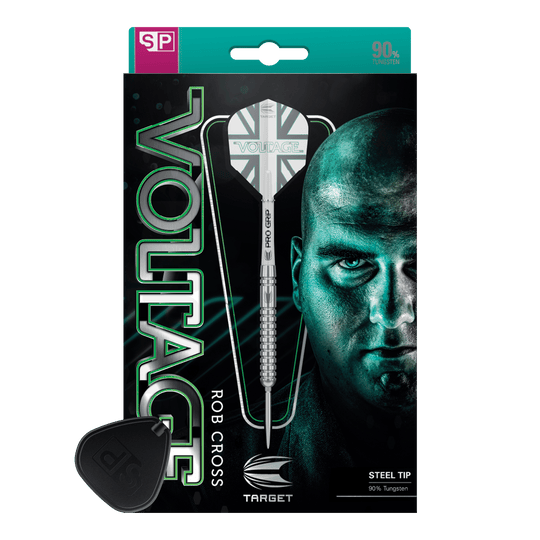Target Rob Cross Voltage Swiss Point Steel Darts Das Bild zeigt die Verpackung der "Target Rob Cross Voltage Swiss Point Steeldarts". Auf der Verpackung sind ein Dartpfeil und das Gesicht eines Mannes prominent abgebildet.