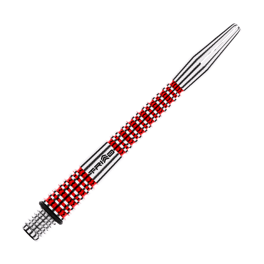Winmau Triad RX Aluminium Shafts - Rot Das Bild zeigt einen rot-silbernen Aluminium-Dartschafte mit dem Schriftzug "TRIAD". Die Oberfläche ist strukturiert und bietet einen guten Halt.