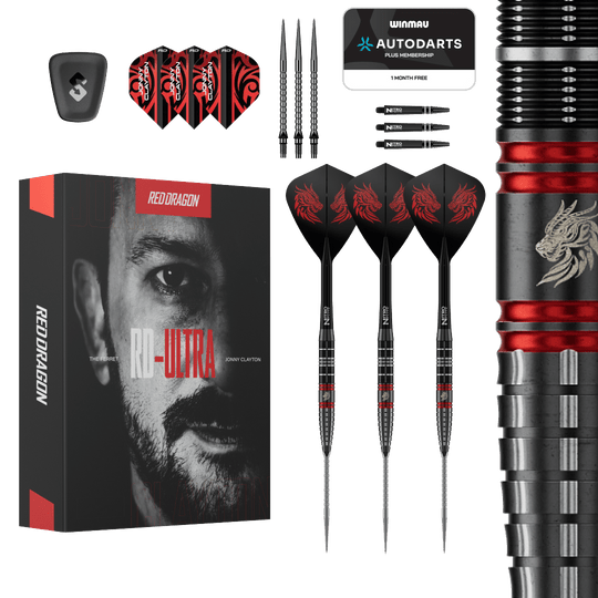 Auf dem Bild ist das Produkt Red Dragon Jonny Clayton RD-ULTRA Switch Point Steeldarts - 22g zu sehen. Die Steeldarts befinden sich vor einem weißen Hintergrund.