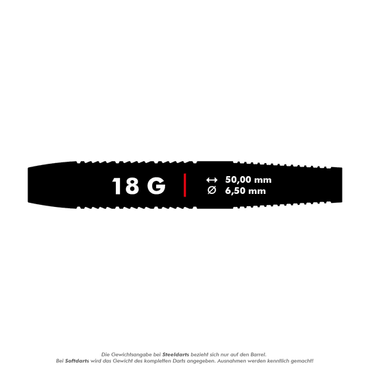 170015_Target_Raymond_Van_Barneveld_Brass_Softdarts_5_18g Das Bild zeigt die Maße eines Target Raymond Van Barneveld Brass Softdarts mit einem Gewicht von 18 Gramm. Der Dart ist 50,00 mm lang und hat einen Durchmesser von 6,50 mm.