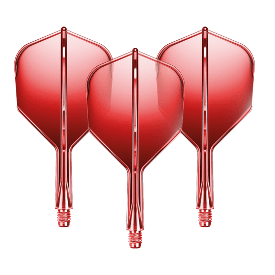 GOAT A1R No6 Flight Shaft System - Red Auf dem Bild sind drei rote Dart-Flights mit Shafts zu sehen. Sie sind gleichmäßig nebeneinander angeordnet und glänzen leicht.